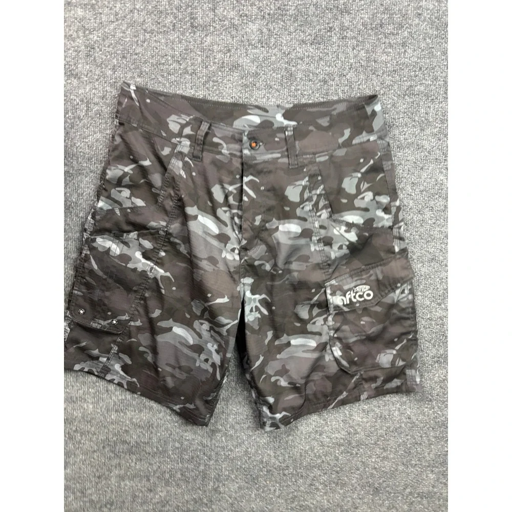 AFTCO Fishing Shorts Mens 32 Grey Camo Ripstop Cargo Performance Stretch